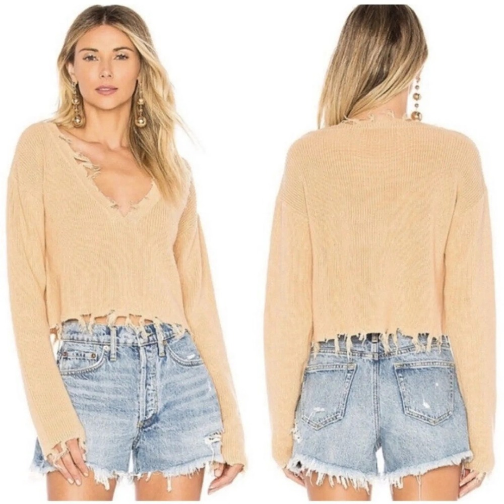 Lovers & Friends Revolve Prospect Sweater‎ Brown V Neck Frayed Womens Size M